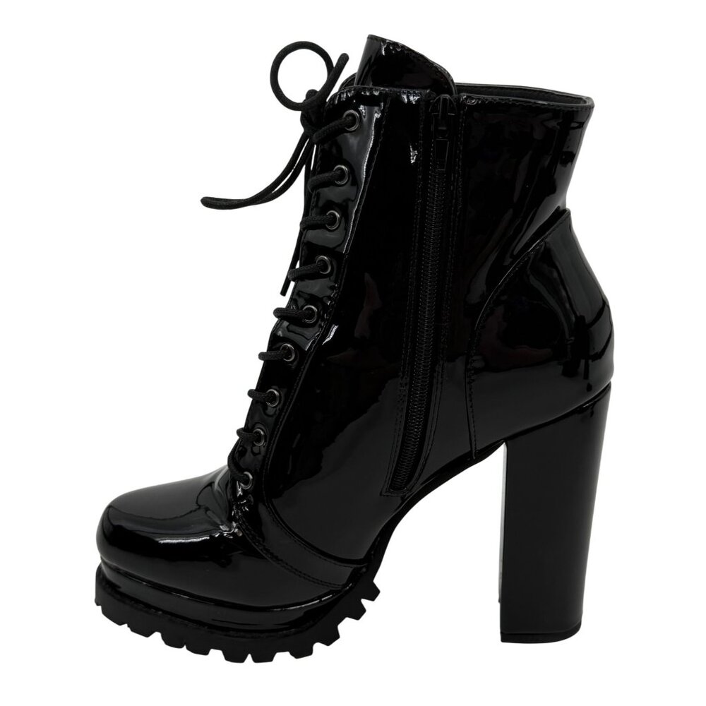 Black Faux Patent Leather Lug Sole Platform Heel Boots 10 | Baddie Dark Romance - Picture 7 of 16